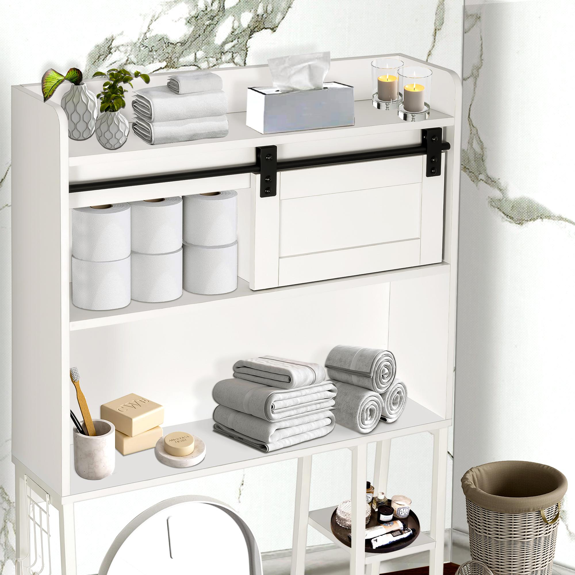 SULIVES Over The Toilet Storage with Cabinet, Sliding Barn Door, Side Rack, Hooks, Mass-Storage Bathroom Organizer for Bathroom, Restroom, White