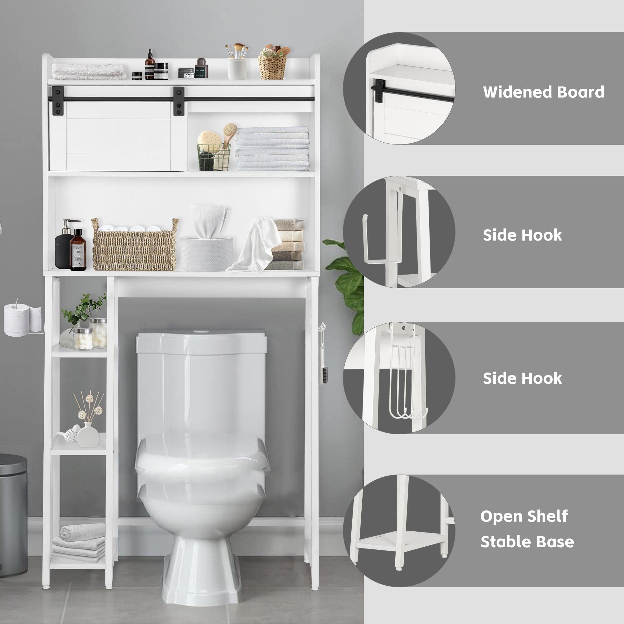 SULIVES Over The Toilet Storage with Cabinet, Sliding Barn Door, Side Rack, Hooks, Mass-Storage Bathroom Organizer for Bathroom, Restroom, White