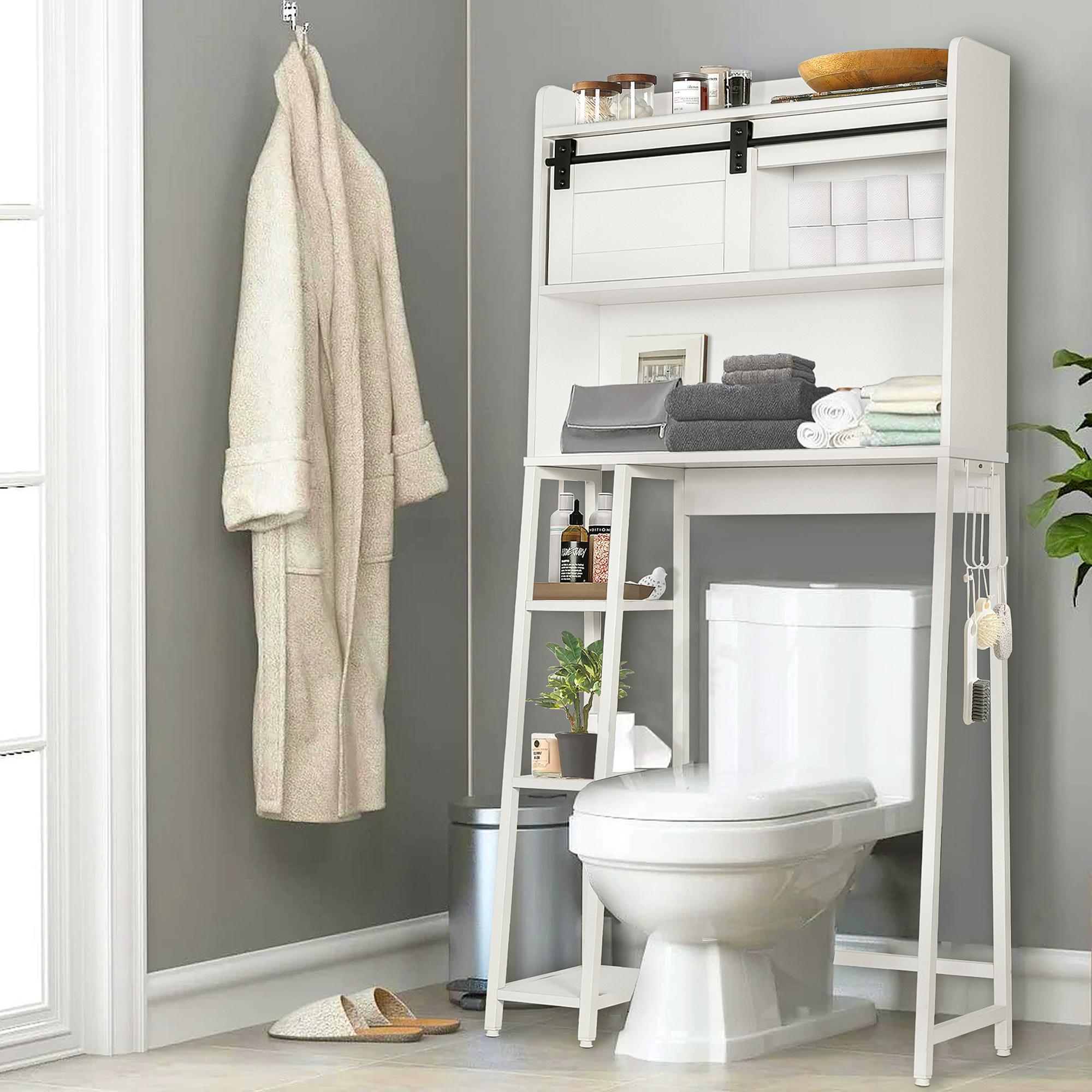 SULIVES Over The Toilet Storage with Cabinet, Sliding Barn Door, Side Rack, Hooks, Mass-Storage Bathroom Organizer for Bathroom, Restroom, White