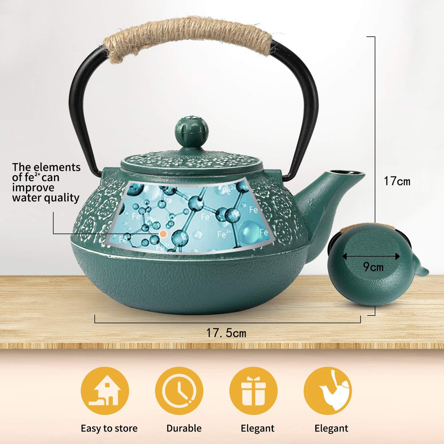 Japanese Cast Iron Teapot with Infuser - 30oz/900ml Capacity, Enameled Interior, Dark Green Color, Stove Top Safe