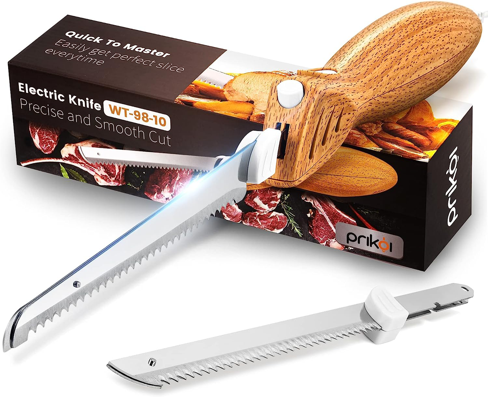 Electric Knife with Serrated Blades for Meat, Bread, Poultry, and Fillet - Ergonomic Handle + 2 Raw/Cooked Food Blades