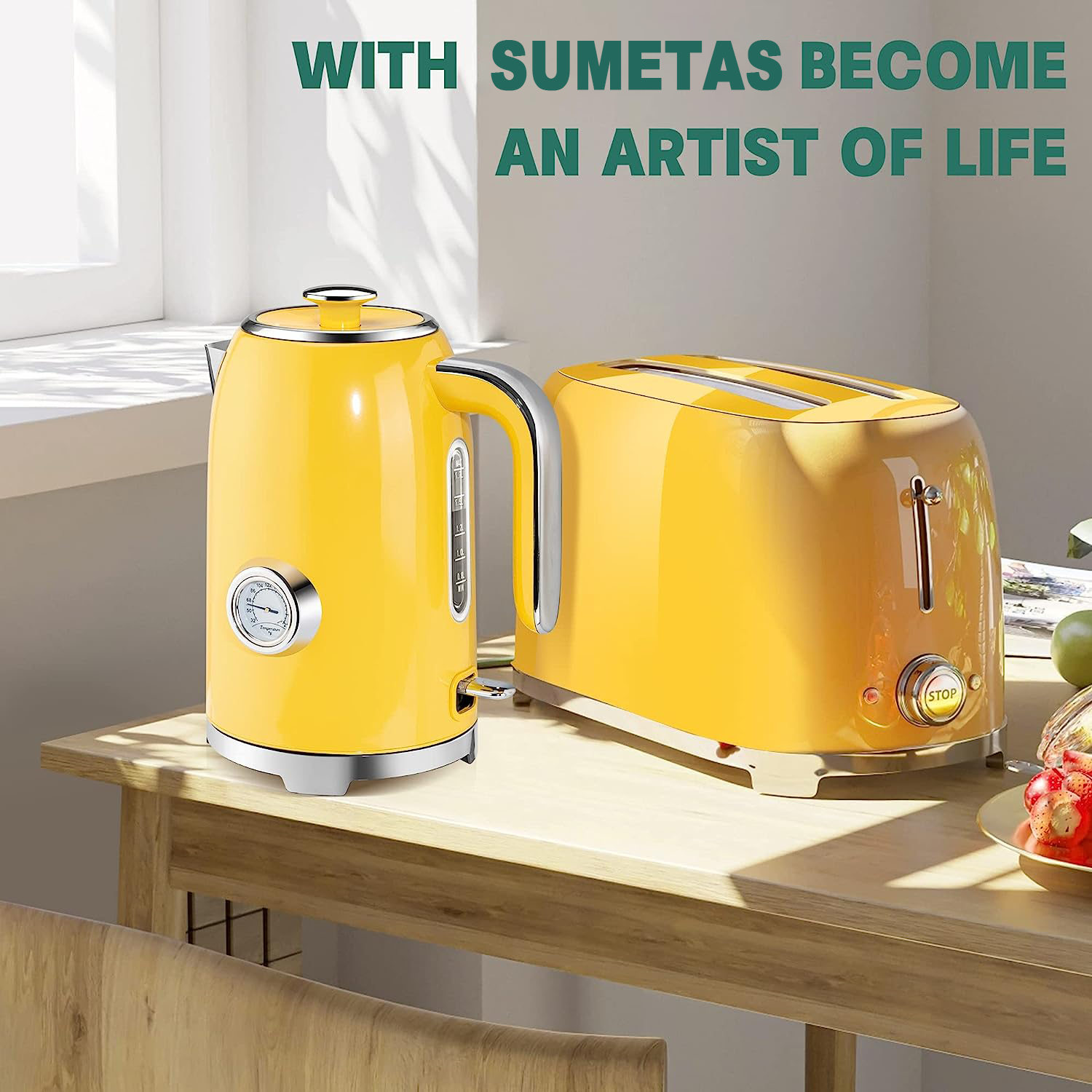 SUMETAS Retro Yellow Electric Kettle with Thermometer and Safety Features, 1500W Fast Heating