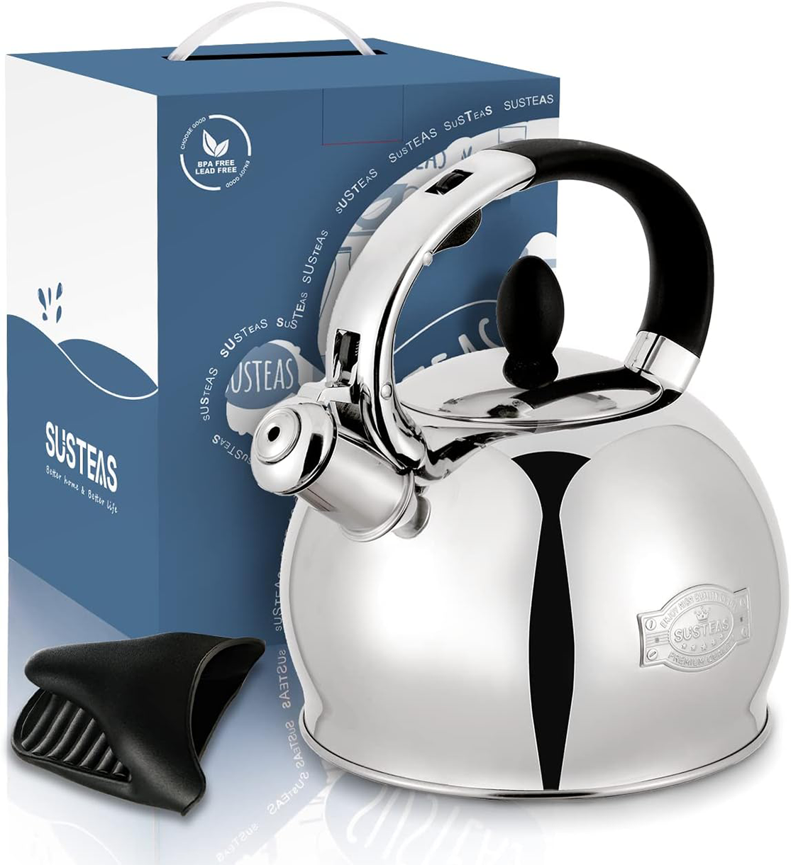 SUMETAS Stove Top Whistling Tea Kettle Stainless Steel Teakettle with Cool Touch Ergonomic Handle,1 Free Silicone Pinch Mitt Included,2.64 Quart(SILVER)