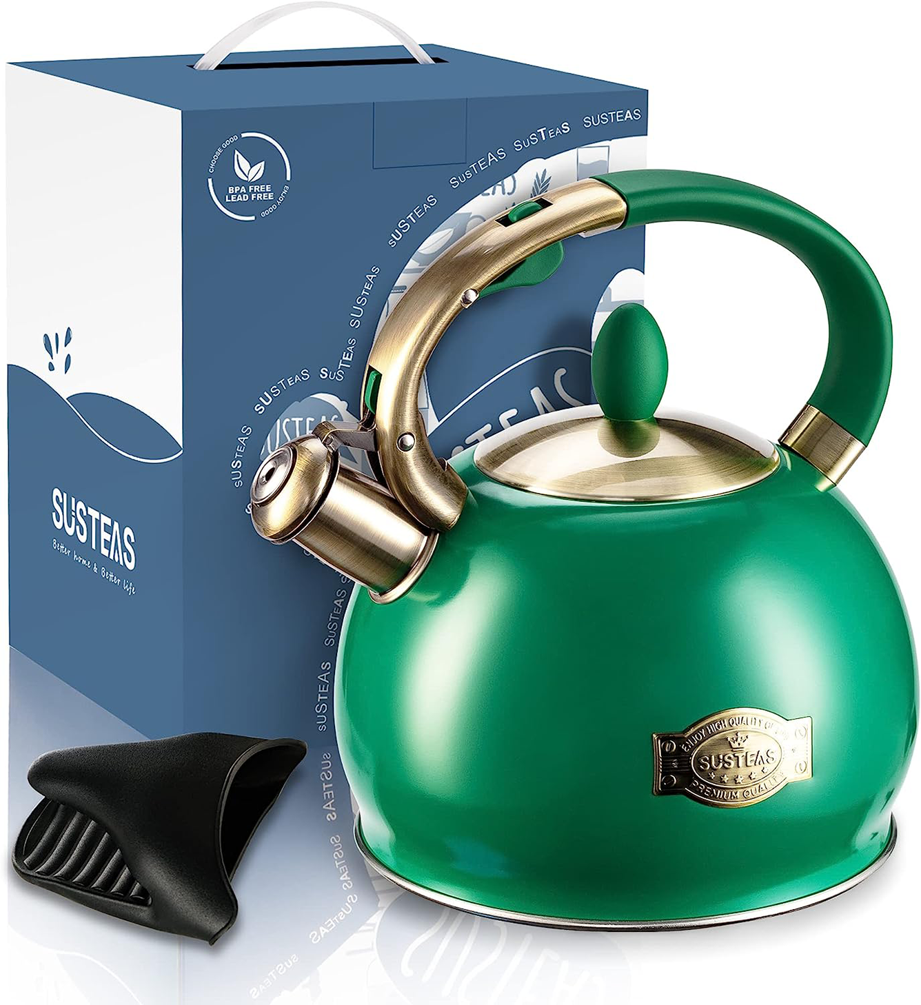 SUMETAS Whistling Tea Kettle - Surgical Stainless Steel, Cool Touch Handle, 2.64 Quart (Green)