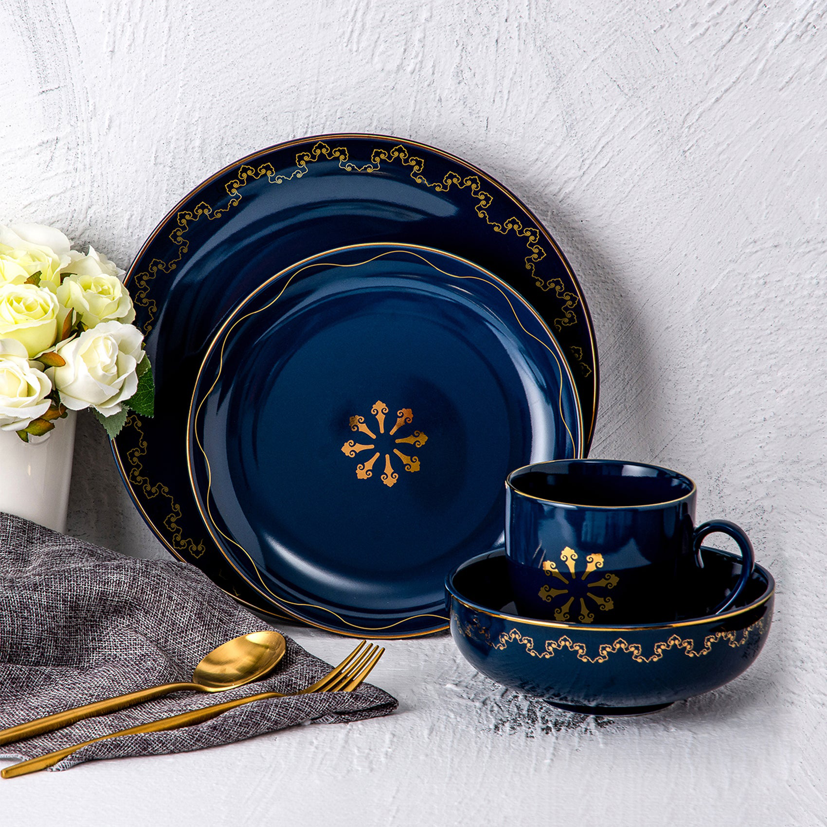 Dinnerware Set Durable Ceramic Dinner Plate Sets, Plates, Bowls, Mugs, 4 Piece （Blue)