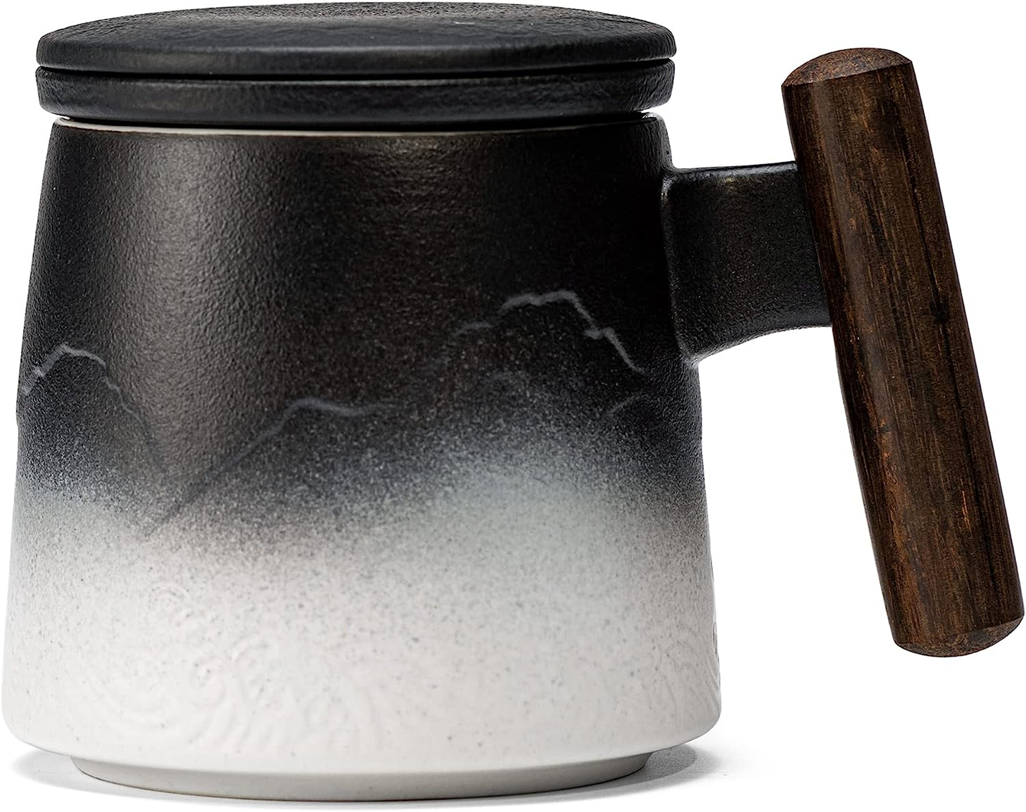 Gradient Black & White Ceramic Tea Cup with Infuser, Lid, and Wooden Handle - 400ml (White)