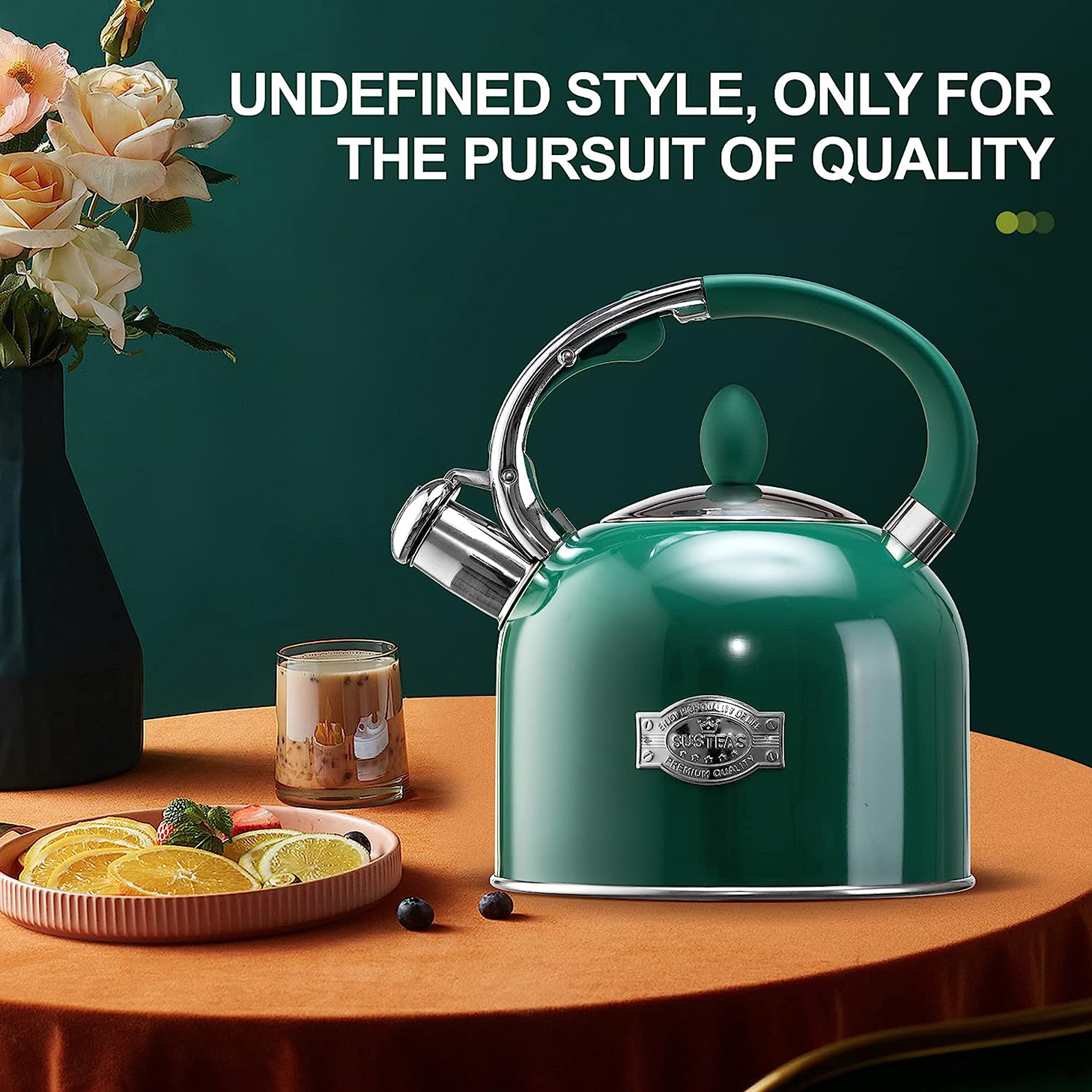 Tea Kettle - SUMETAS 3.17QT Whistling Kettle with Ergonomic Handle - Chic Vintage Teapot with Composite Base, Work for All Stovetops (Green)