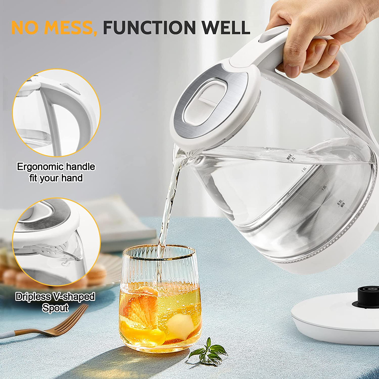 Glass Electric Kettle - 1.7L Capacity with LED Indicator, Auto Shut-Off, and Boil-Dry Protection