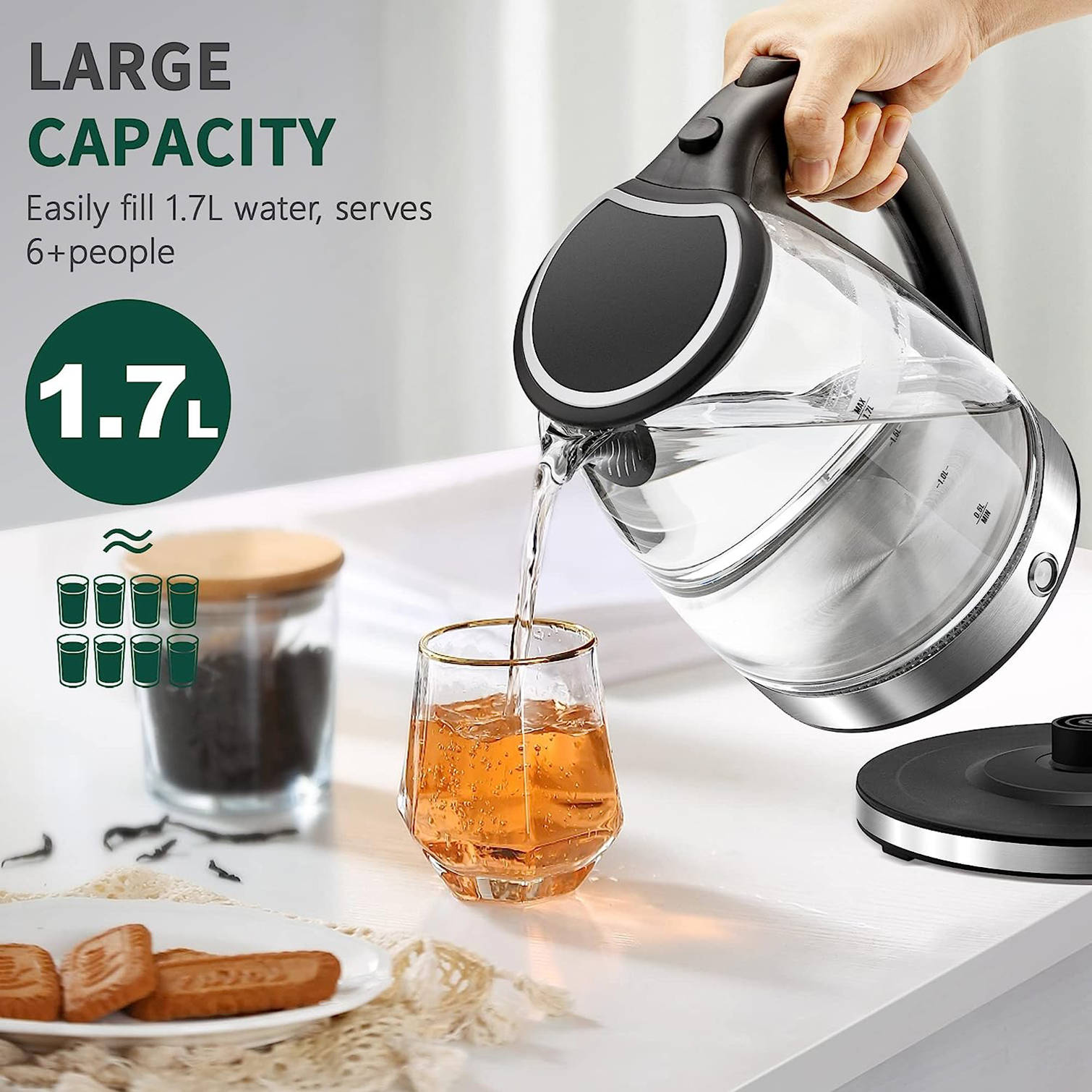 Glass Electric Kettle - 1.7L with Keep Warm, LED Indicator, Auto Shut-Off, and Boil-Dry Protection