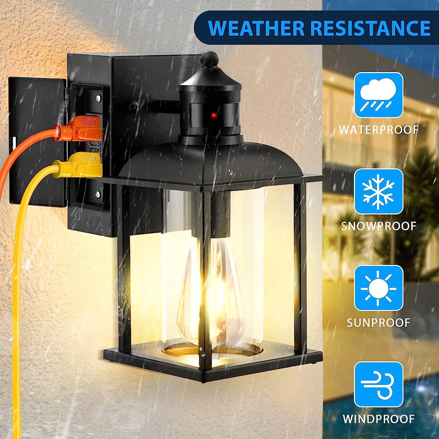 Waterproof outdoor light with GFCI outlet, motion sensor, and 3 modes