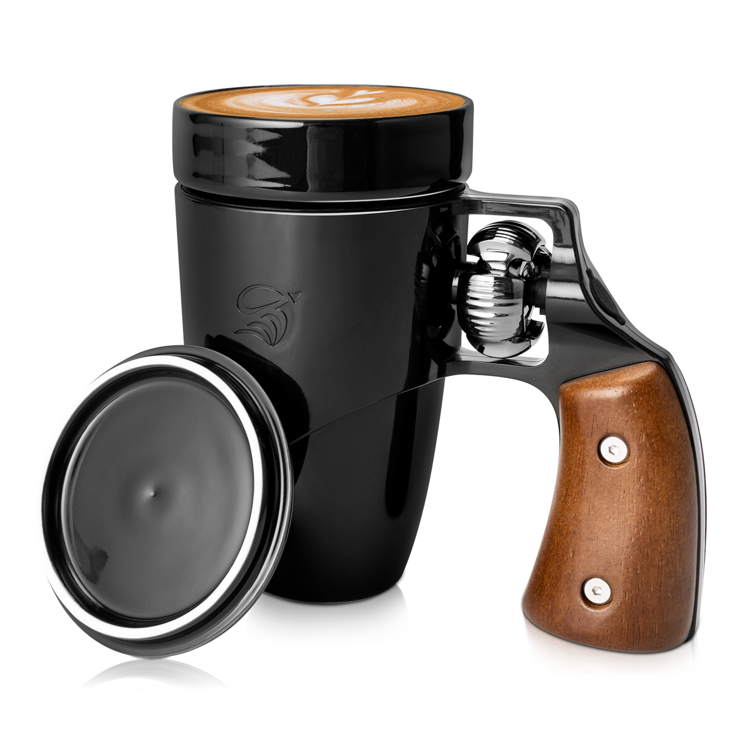 Ceramic Mug with Wooden Handle and Stainless Steel Rotatable Tumbler Revolver 16 oz