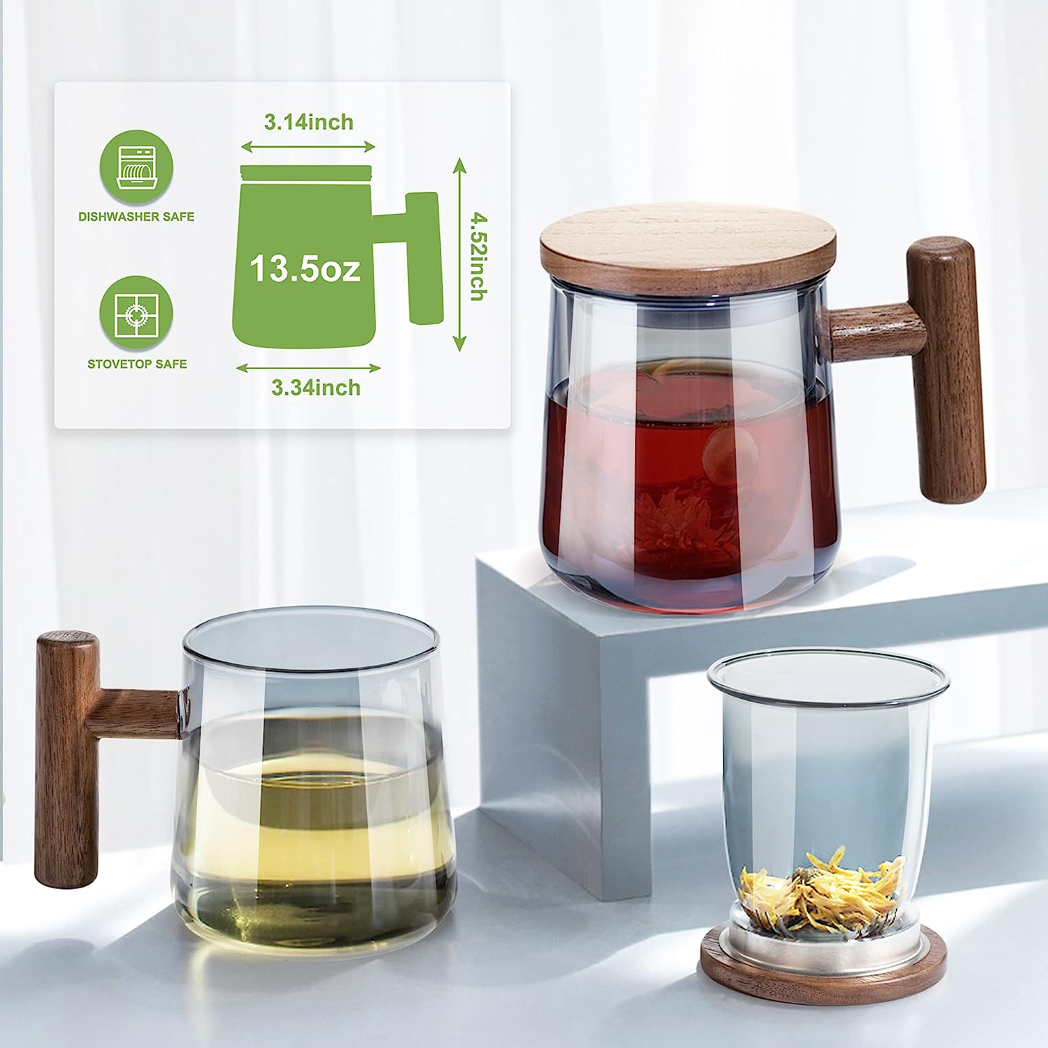 Gray Glass Tea Cup with Infuser and Lid - 13.5oz Capacity, Wooden Handle - Perfect for Home, Office, and Gifting