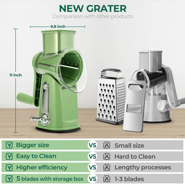 SUSTEAS Rotary Cheese Grater with Handle, Vegetable Food Shredder with 5 Well-designed Blades & Strong Suction Base, Round Mandoline Slicer & Fruit Slicer for Kitchen