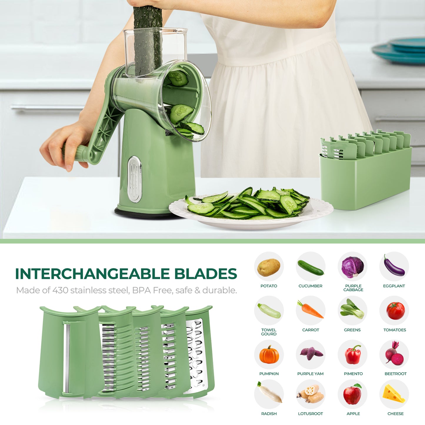 SUSTEAS Rotary Cheese Grater with Handle, Vegetable Food Shredder with 5 Well-designed Blades & Strong Suction Base, Round Mandoline Slicer & Fruit Slicer for Kitchen