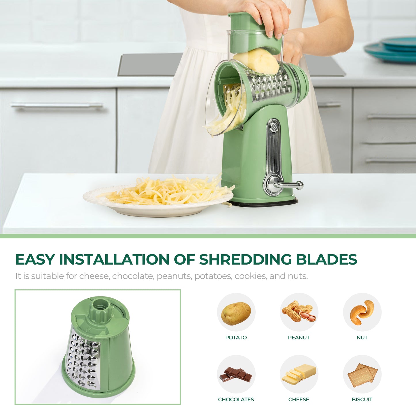 SUSTEAS Rotary Cheese Grater with Handle, Vegetable Food Shredder with 5 Well-designed Blades & Strong Suction Base, Round Mandoline Slicer & Fruit Slicer for Kitchen
