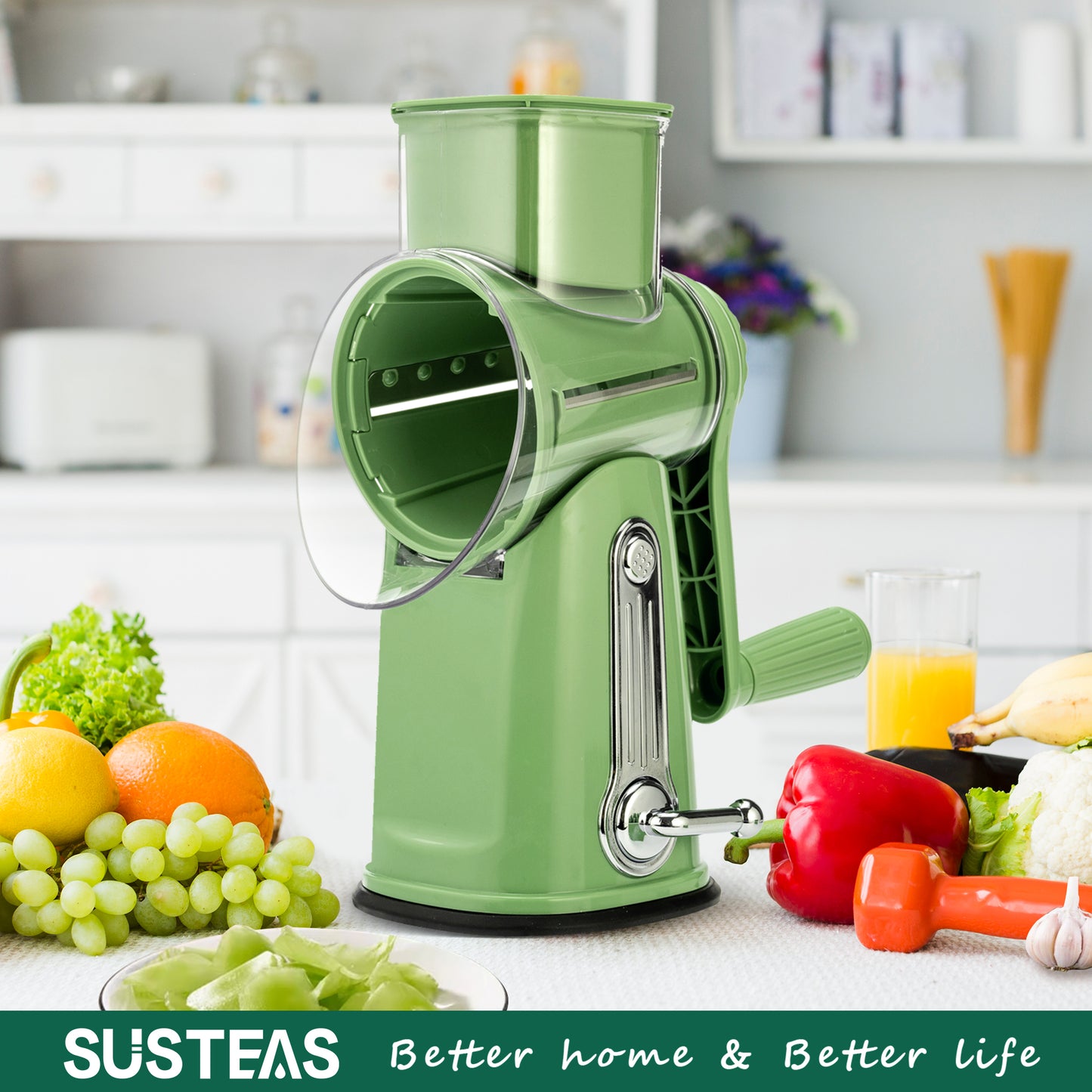 SUSTEAS Rotary Cheese Grater with Handle, Vegetable Food Shredder with 5 Well-designed Blades & Strong Suction Base, Round Mandoline Slicer & Fruit Slicer for Kitchen