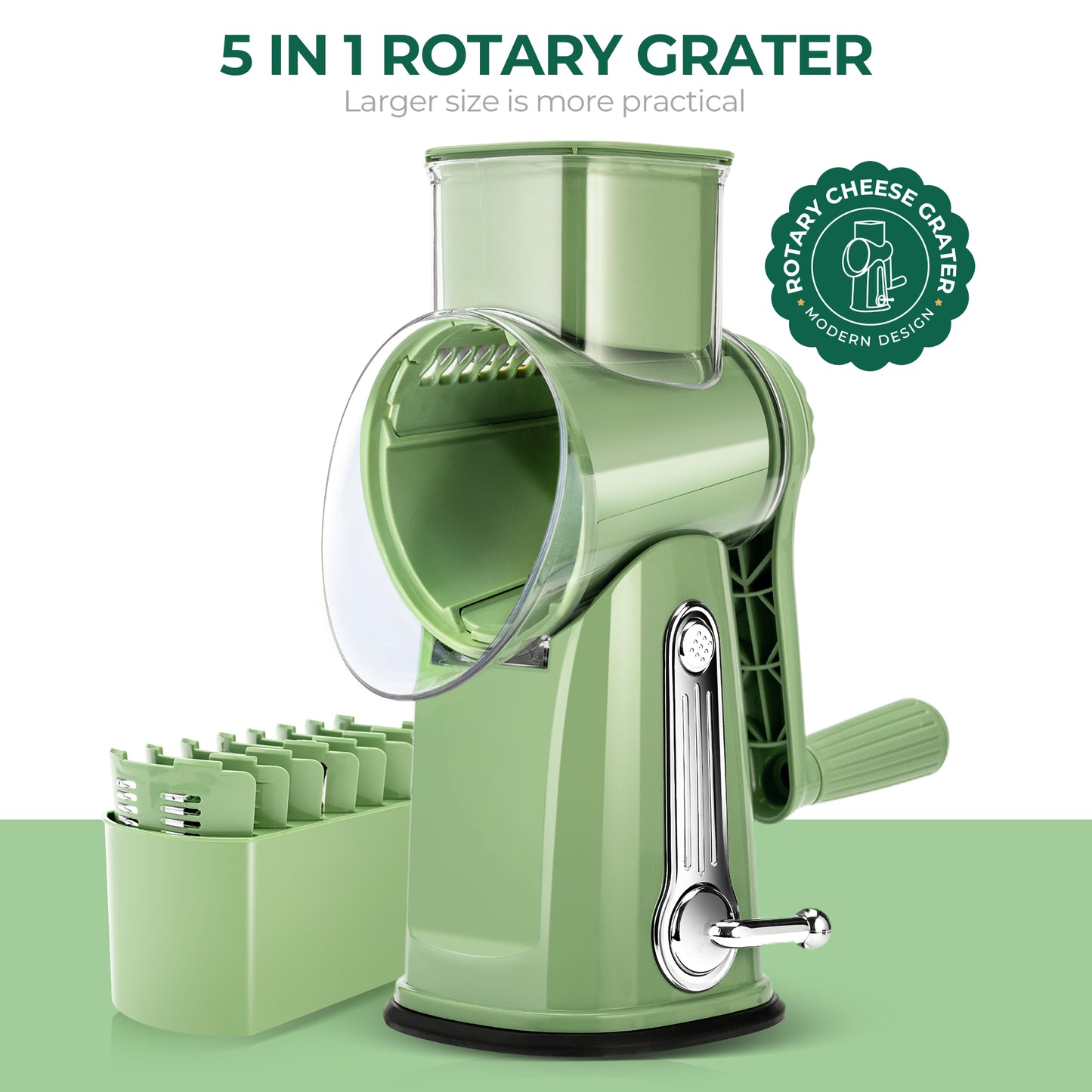 SUSTEAS Rotary Cheese Grater with Handle, Vegetable Food Shredder with 5 Well-designed Blades & Strong Suction Base, Round Mandoline Slicer & Fruit Slicer for Kitchen