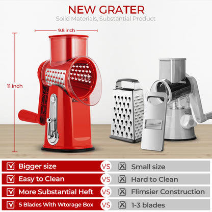 SUSTEAS Rotary Cheese Grater with Handle, Vegetable Food Shredder with 5 Well-designed Blades & Strong Suction Base, Round Mandoline Slicer & Fruit Slicer for Kitchen