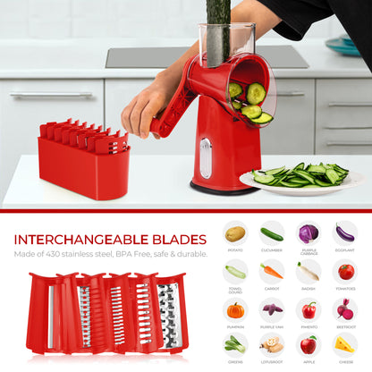 SUSTEAS Rotary Cheese Grater with Handle, Vegetable Food Shredder with 5 Well-designed Blades & Strong Suction Base, Round Mandoline Slicer & Fruit Slicer for Kitchen