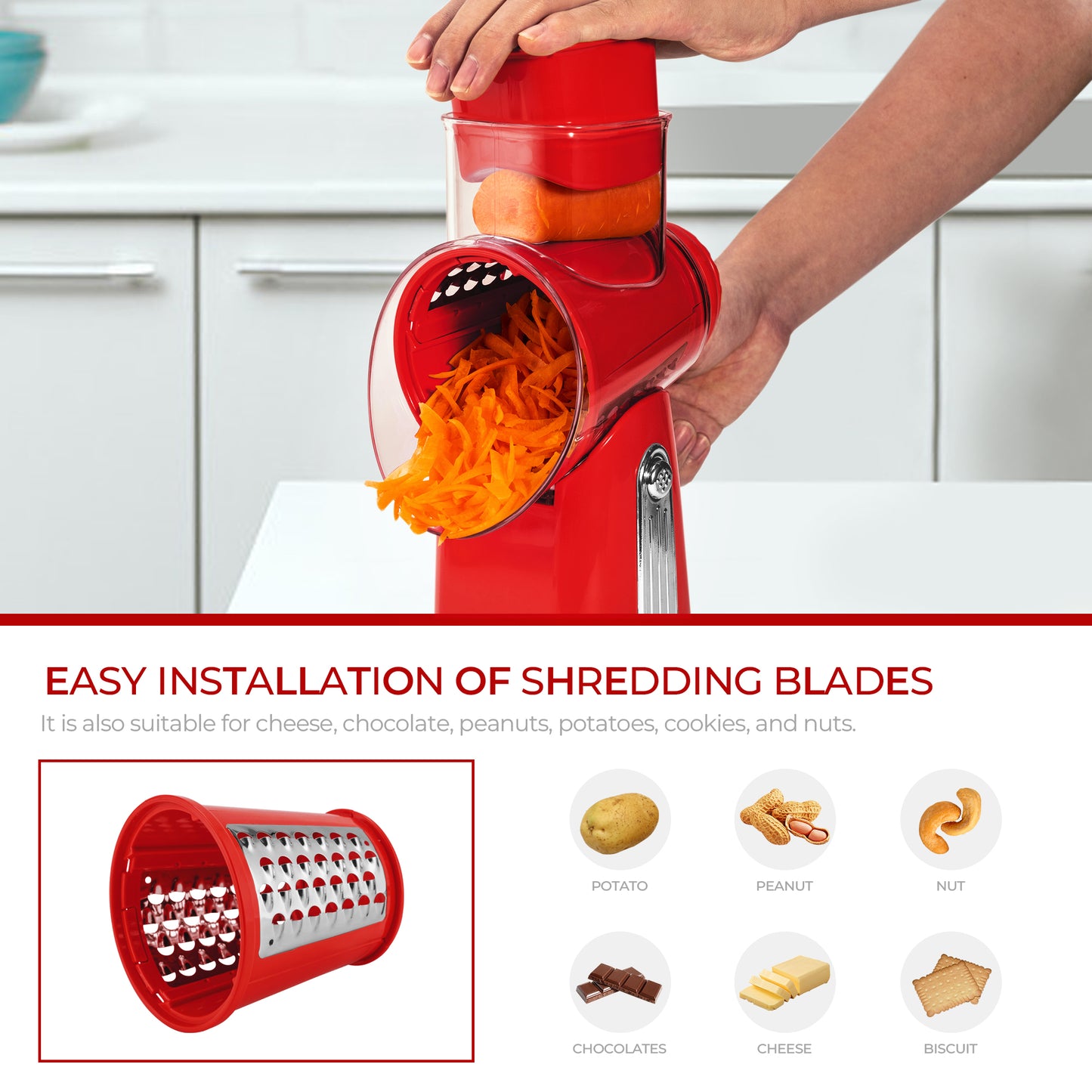 SUSTEAS Rotary Cheese Grater with Handle, Vegetable Food Shredder with 5 Well-designed Blades & Strong Suction Base, Round Mandoline Slicer & Fruit Slicer for Kitchen