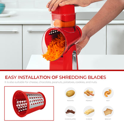 SUSTEAS Rotary Cheese Grater with Handle, Vegetable Food Shredder with 5 Well-designed Blades & Strong Suction Base, Round Mandoline Slicer & Fruit Slicer for Kitchen