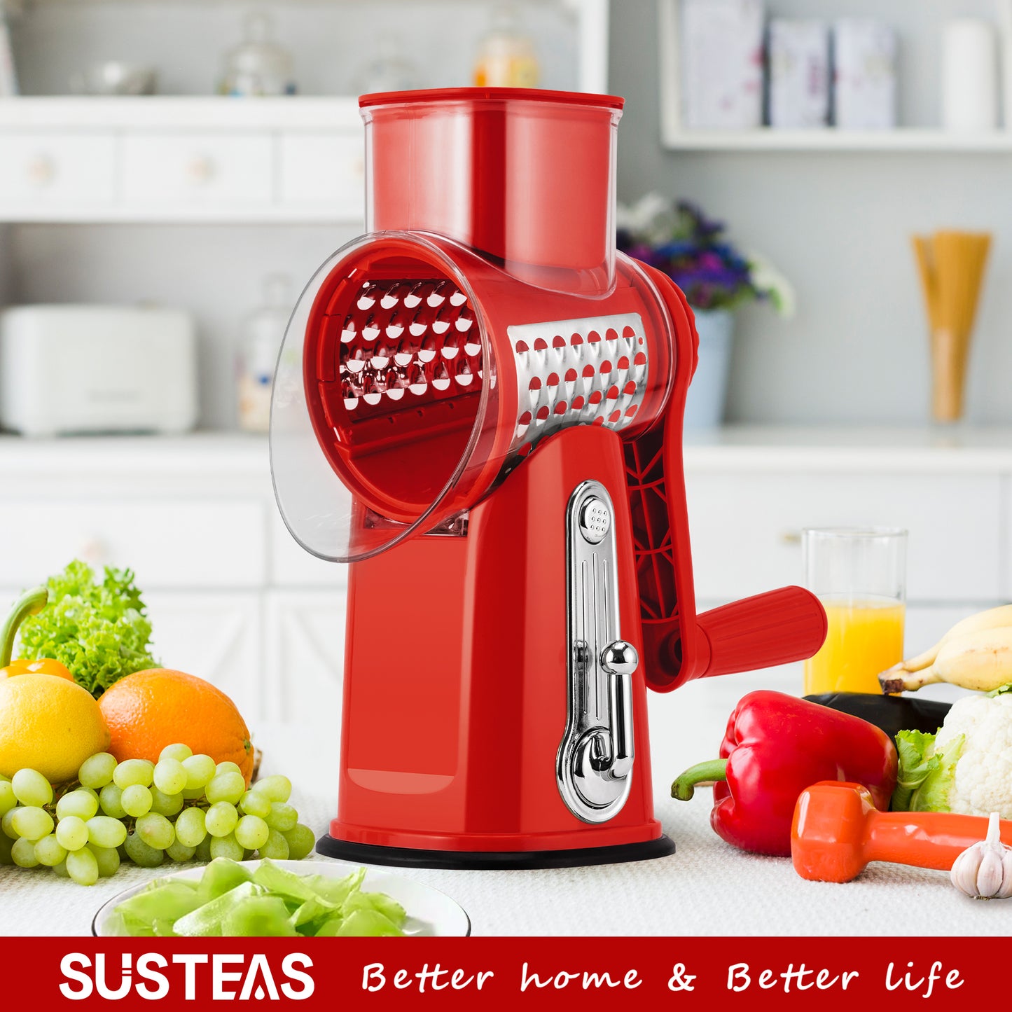 SUSTEAS Rotary Cheese Grater with Handle, Vegetable Food Shredder with 5 Well-designed Blades & Strong Suction Base, Round Mandoline Slicer & Fruit Slicer for Kitchen
