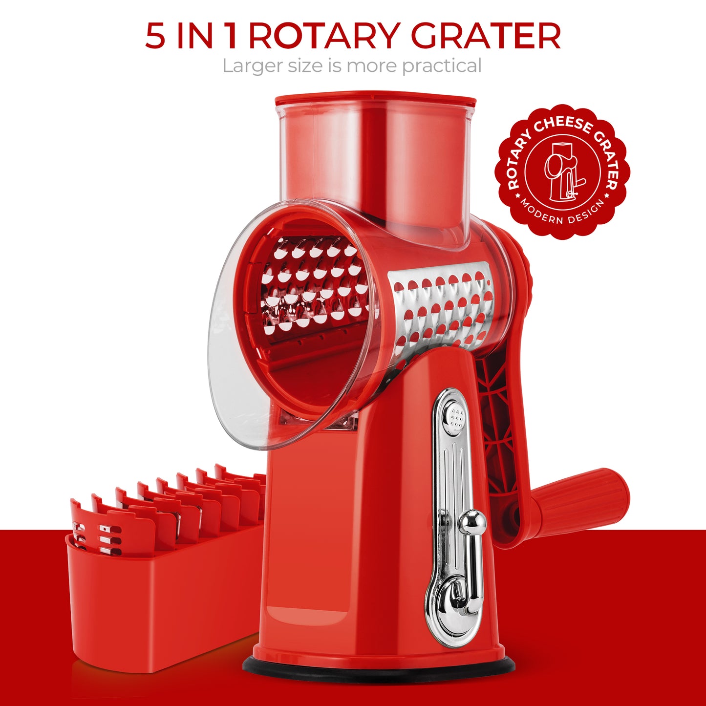SUSTEAS Rotary Cheese Grater with Handle, Vegetable Food Shredder with 5 Well-designed Blades & Strong Suction Base, Round Mandoline Slicer & Fruit Slicer for Kitchen