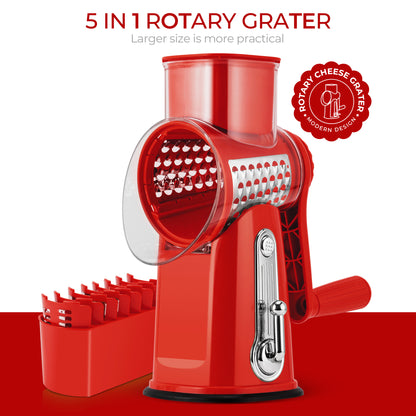 SUSTEAS Rotary Cheese Grater with Handle, Vegetable Food Shredder with 5 Well-designed Blades & Strong Suction Base, Round Mandoline Slicer & Fruit Slicer for Kitchen