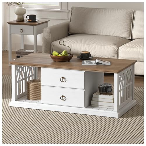 SULIVES Farmhouse Coffee Table with Storage, Modern Rectangular Table with Drawers, Open Shelves, for Living Room or Office, Antique White