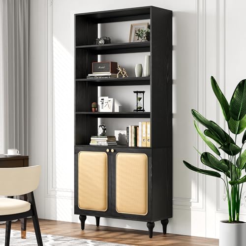 SULIVES Black Bookshelf with Doors, Boho Rattan Bookshelf, Tall Wood Bookcase Shelf for Living Room Bedroom Study Office