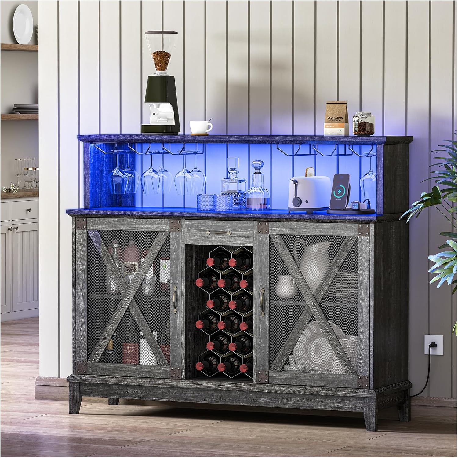 SULIVES Farmhouse Wine Bar Cabinet with LED Lights, Wine Rack & Glass Holder, Liquor Storage, Industrial Sideboard Buffet for Dining Room, Grey