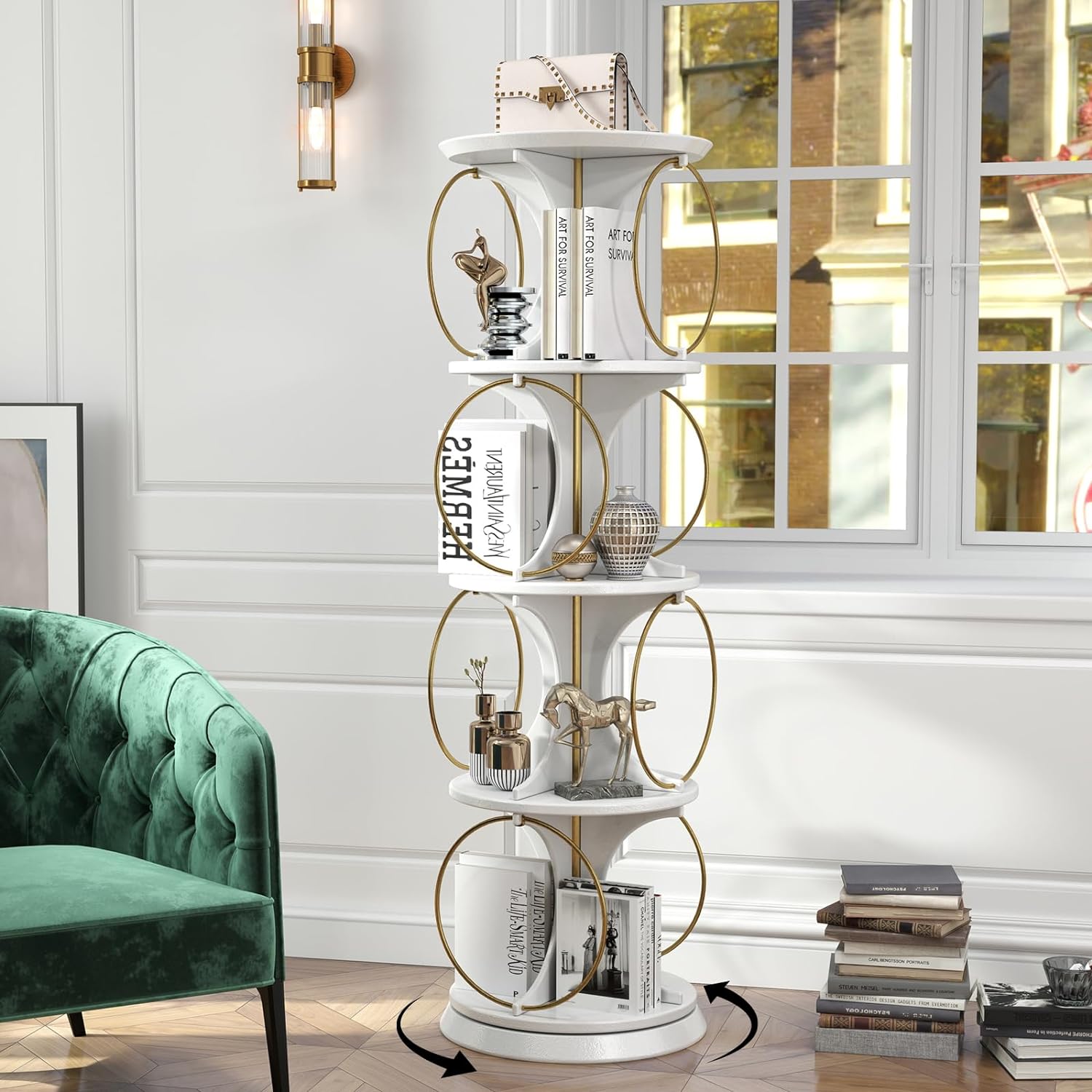 SULIVES Rotating Bookshelf,4 Tier Free Standing Organizer,Morden Simple Style,360 Rotating Bookcase,Stable and Solid,Suitable for Living Room and Bedroom