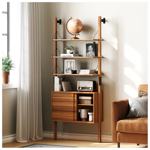 SULIVES Ladder Bookshelf with Storage Cabinet,Mid Century Modern Bookshelf,Wall Mounted Bookshelf with Wood and Metal Frame,6 Tier Open Display Rack for Living Room,Bedroom,Home Office,Cherry