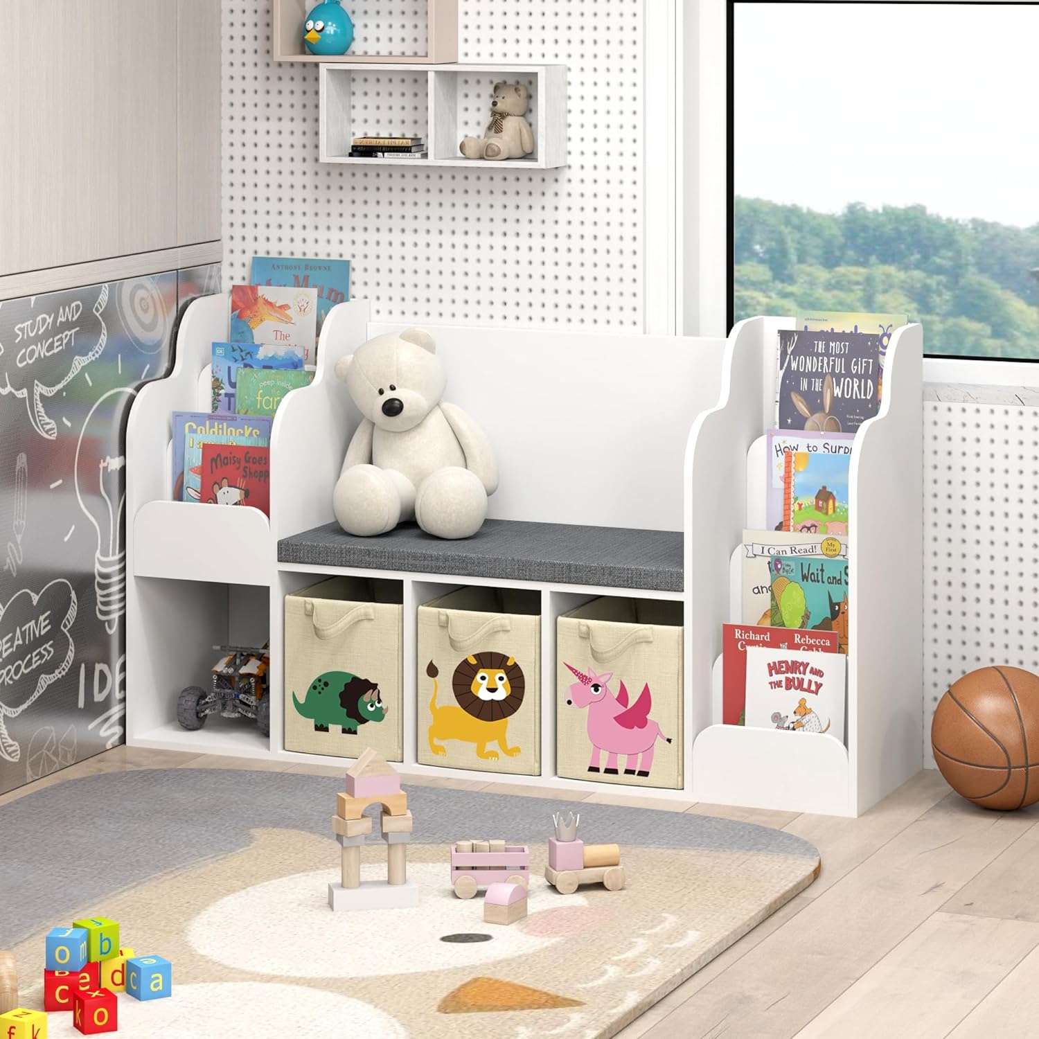 SULIVES Kids Bookshelf with Reading Nook, Toy Storage Organizer and Seat Cushion - White