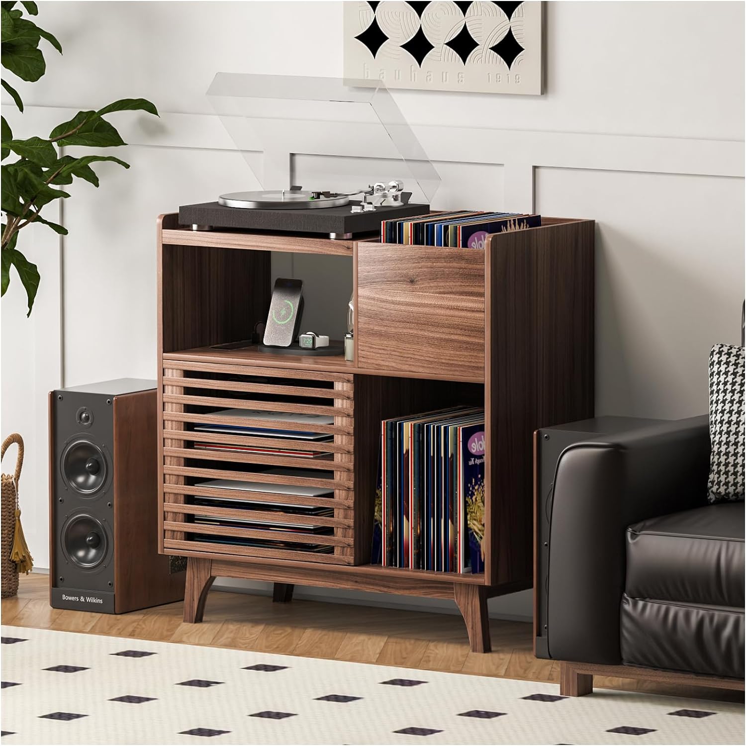 SULIVES Record Player Stand with Vinyl Storage and Charging Station, Large Walnut Cabinet for Holds Up to 300 Albums