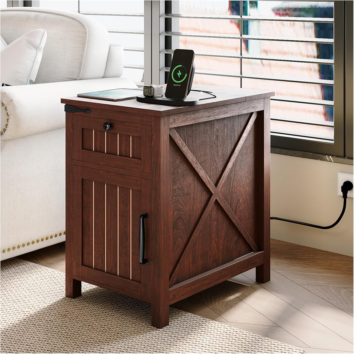 Nightstand with Charging Station,Industrial/Farmhouse End Table with Drawers & Cabinet,Side Table with Door and Storage Shelf,Side Tables for Living Room,Bedroom,Office (Rustic Cherry)