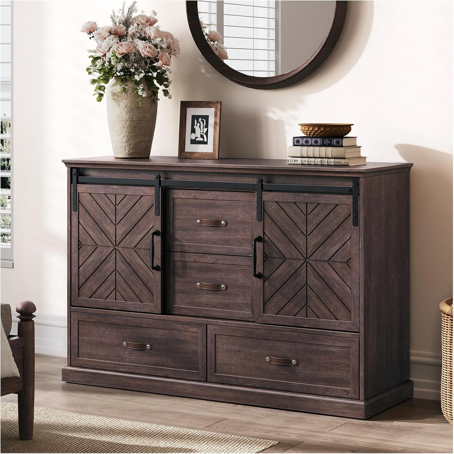 SULIVES Farmhouse Dressers for Bedroom,Chest of Drawers with Storage,4 Drawers Dresser with Sliding Barn Door&Shelf,Wood Rustic Dresser Organizer for Bedroom,Living Room,Entryway,Walnut