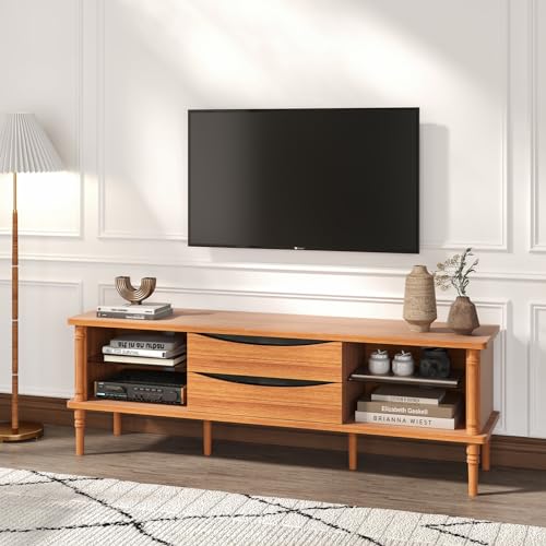 SULIVES TV Stand for 75+ Inch TV, Mid Century Modern TV Stand with Rattan Drawer,Entertainment Center with Storage, Large Media TV Console, 66 inch Long Television Stand for Living Room,Cherry