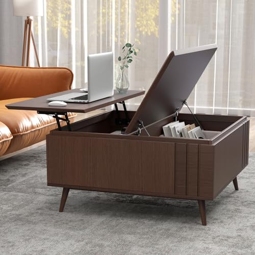 SULIVES Lift Top Coffee Table with Storage, Mid Century Modern Wood Square Table, Multi-Functional for Living Room, Eating, Gaming, Working, Walnut