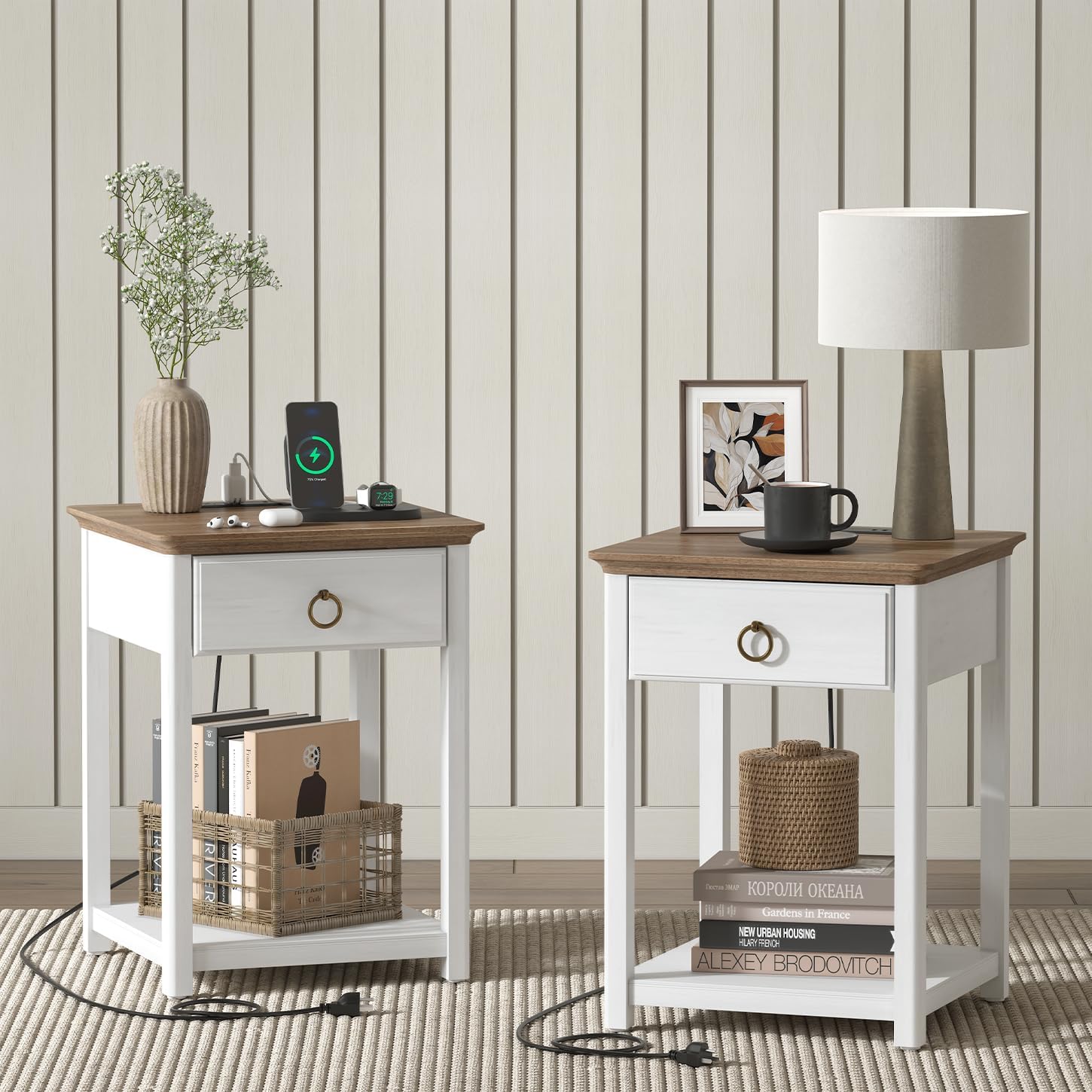 SULIVES End Table with Charging Station, Farmhouse Nightstand with Storage, Square Side Table with Drawer, Solid Wood, for Living Room, Bedroom, White