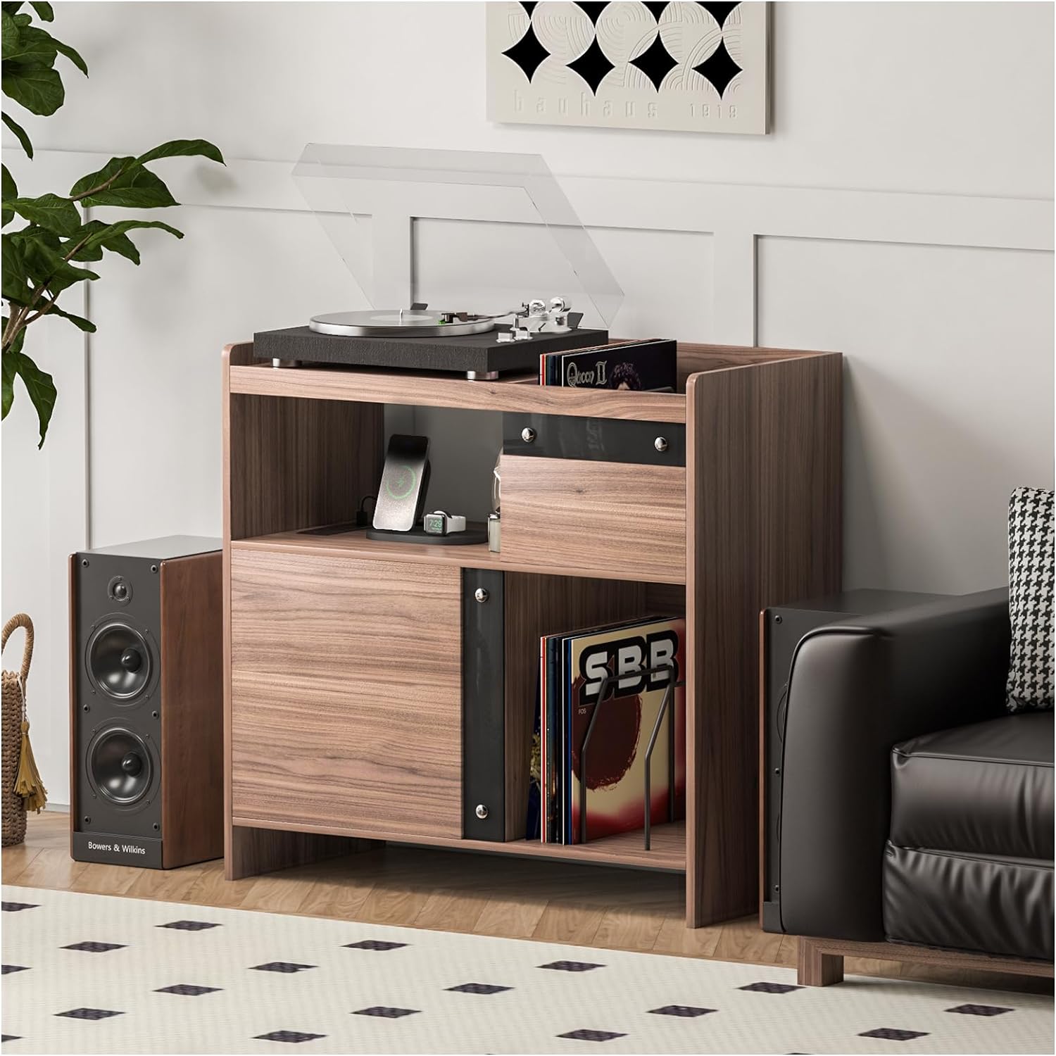 SULIVESRecord Player Stand with Vinyl Storage and Charging Station,Mid Century Modern Media Cabinet,Stereo Cabinet Holds Up to 300 Albums,Turntable Stand with Adjustable Shelf(Walnut & Black, Large)