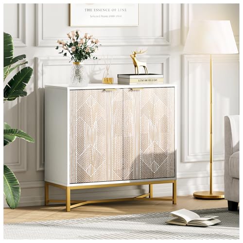 SULIVES Modern Accent Cabinet with Doors,Buffets & Sideboards with Storage,Carved Decorative Storage Cabinet with Gold Legs,Credenzas for Living Room,Entryway,Dining Room,White,1PCS