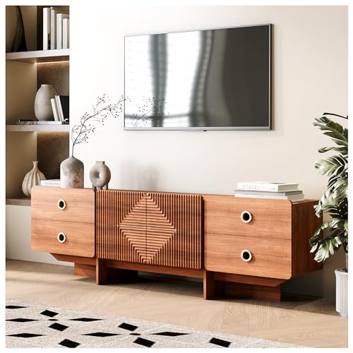 SULIVES TV Stand for 75+ Inch TV,Mid Century Modern TV Stand with 4 Drawers,Entertainment Center with Storage Cabinet,Large Boho Media TV Console,66 inch Long Television Stand for Living Room,Cherry