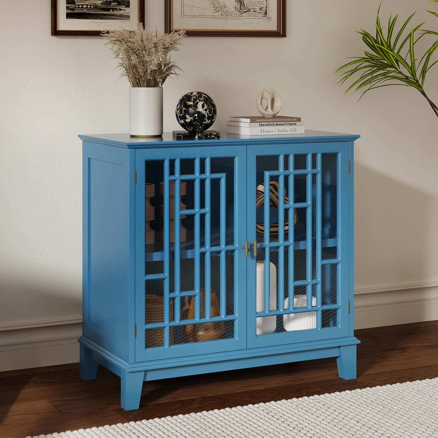 SULIVES Modern Farmhouse Accent Cabinet,Sideboard Buffet Cabinet with Storage,Wooden Storage Cabinet with Glass Door for Living Room,Entryway,Dining Room,Blue