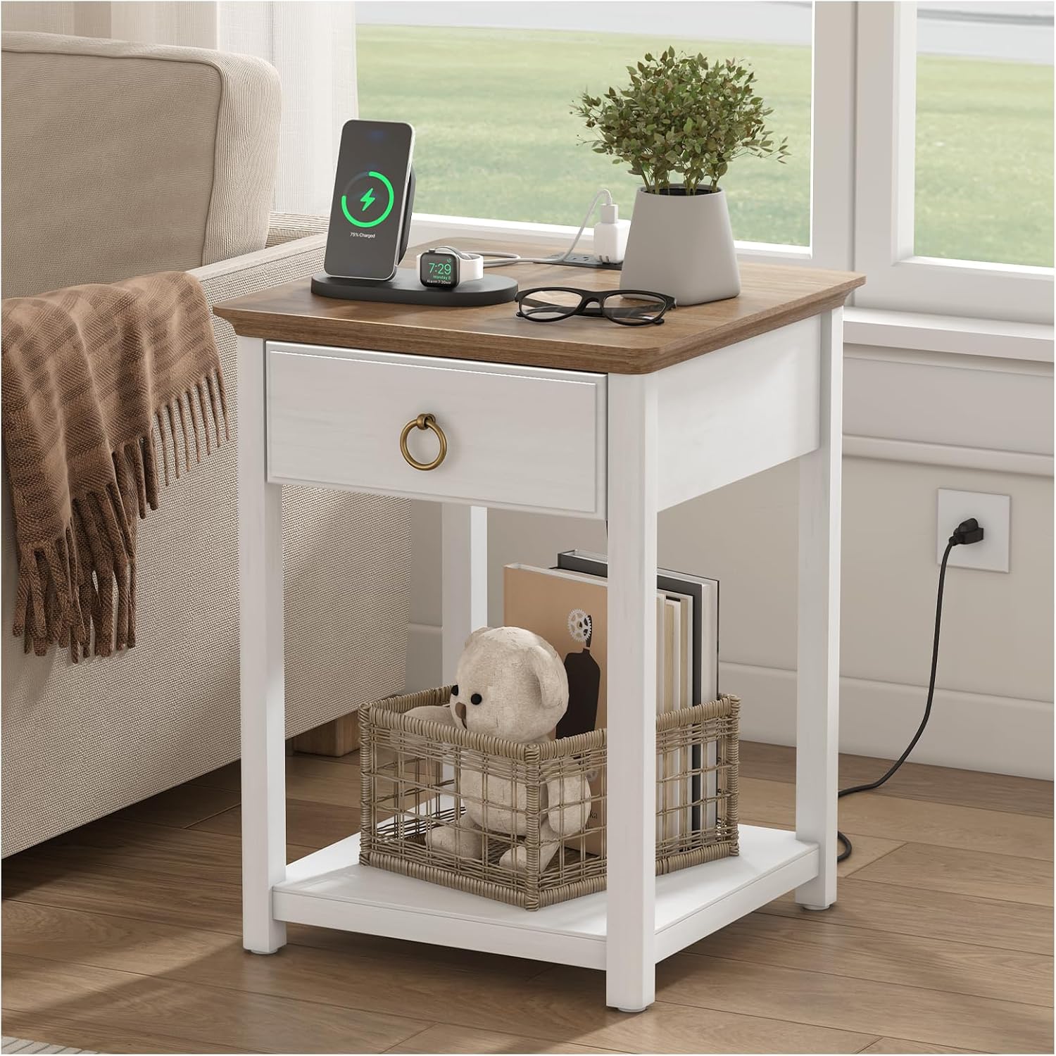 SULIVES End Table with Charging Station, Farmhouse Nightstand with Storage, Square Side Table with Drawer, Solid Wood, for Living Room, Bedroom, White