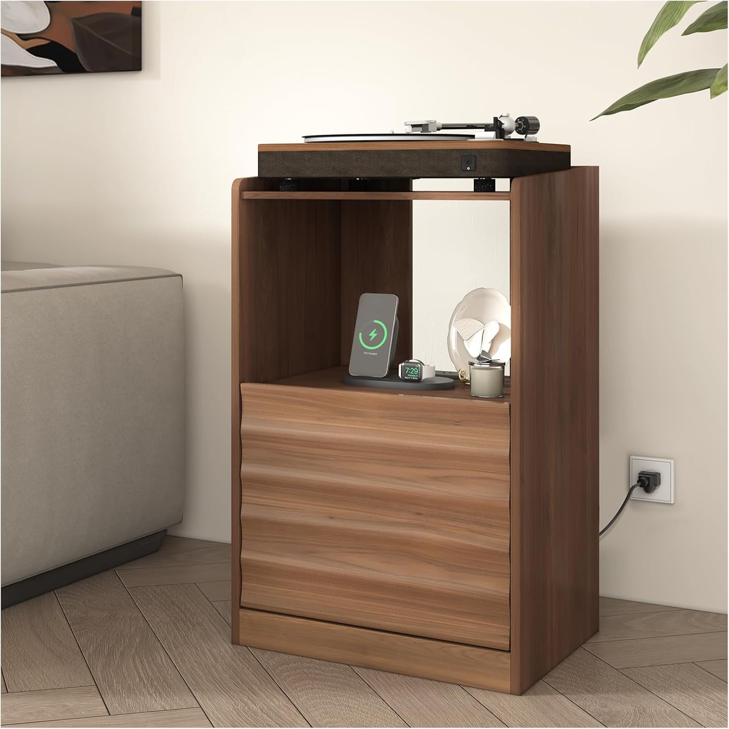 SULIVES Record Player Stand with Vinyl Storage and Charging Station,Mid Century Modern Record Player Cabinet,Holds Up to 300 Albums,Turntable Stand with Adjustable Shelf (Walnut, Medium)