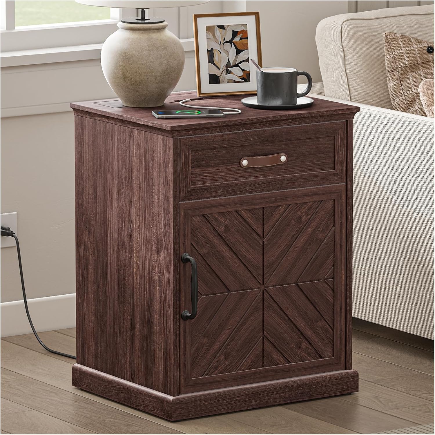 SULIVES Farmhouse End Tables Living Room with Charging Station and Nightstand with Drawer, Vintage Bedside Table for Bedroom, Walnut