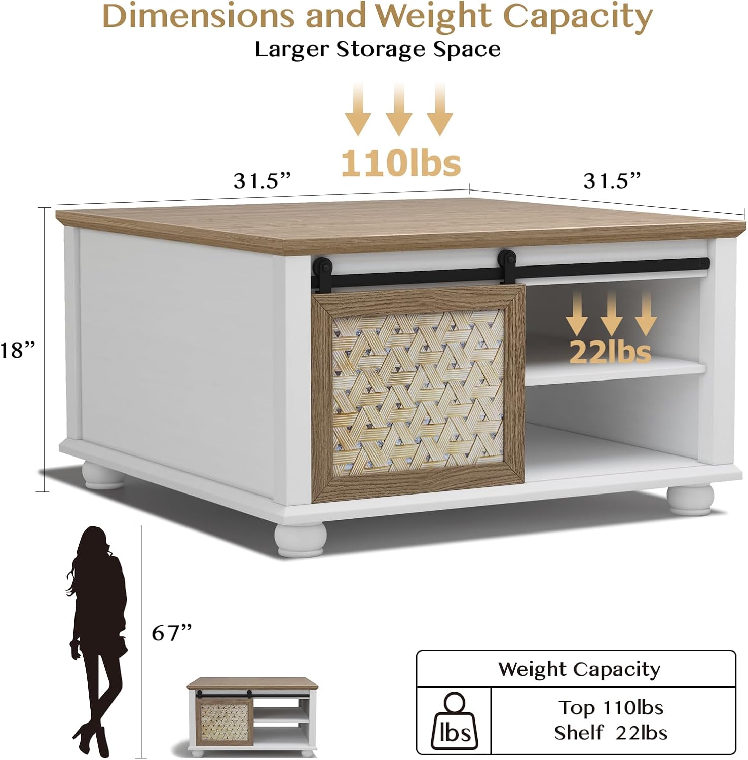 SULIVES Square Coffee Table for Living Room, Farmhouse Style with Storage, Sliding Barn Door,  Modern Farmhouse Design, White Coffee Table