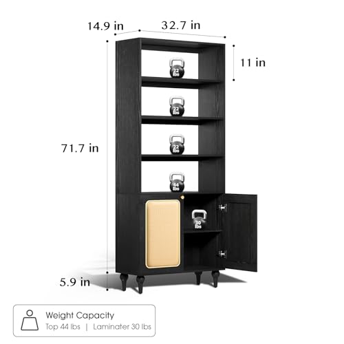 SULIVES Black Bookshelf with Doors, Boho Rattan Bookshelf, Tall Wood Bookcase Shelf for Living Room Bedroom Study Office