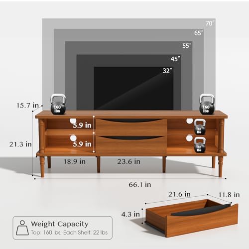 SULIVES TV Stand for 75+ Inch TV, Mid Century Modern TV Stand with Rattan Drawer,Entertainment Center with Storage, Large Media TV Console, 66 inch Long Television Stand for Living Room,Cherry